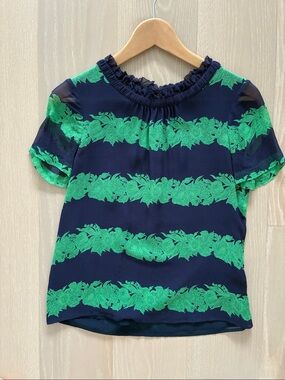 J. Crew Silk Ruffle Top in Beanstalk Stripe Blue Green Floral [Size 0]